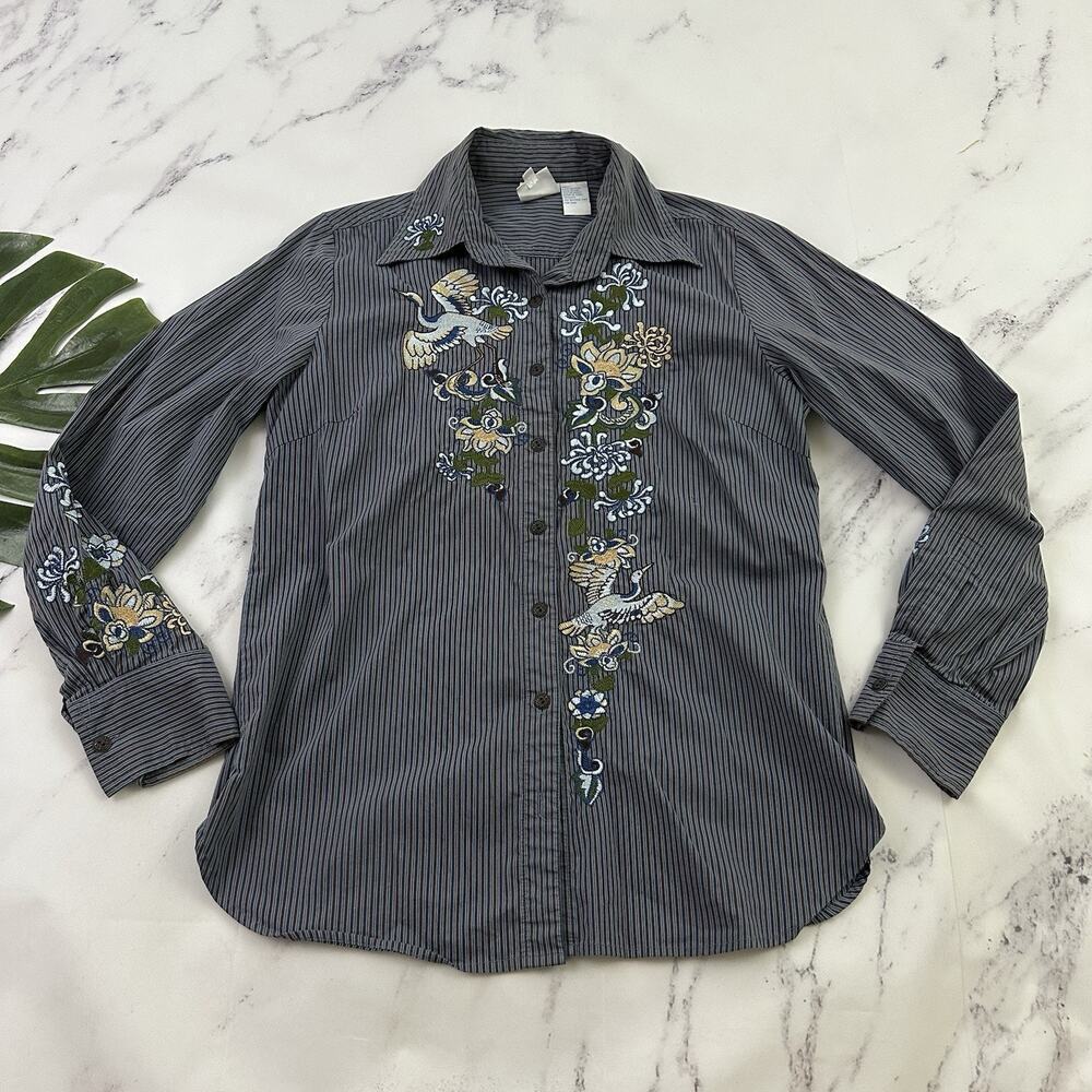 Diane Gilman Womens Vintage Y2k Embroidered Button Up Shirt Size M Blue Floral